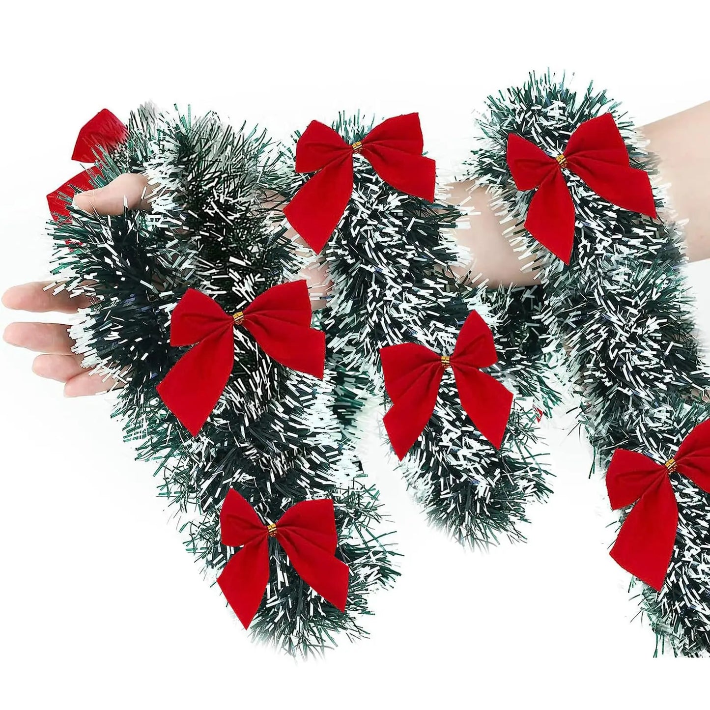 Christmas Garland with Red Bows – Artificial Tinsel Decoration