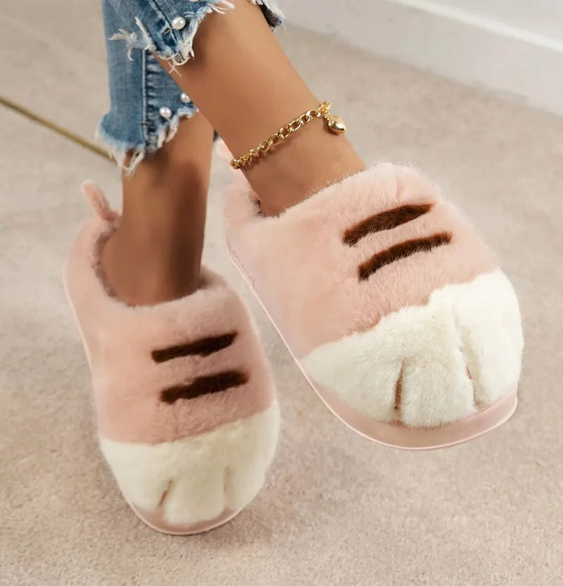 Fluffy Cat Claw Slippers for Women - Warm Non-Slip Furry House Slides