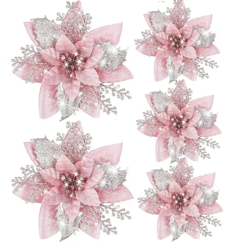 Glitter Artificial Christmas Poinsettia Flowers – Set of 5