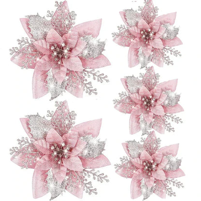 Glitter Artificial Christmas Poinsettia Flowers – Set of 5