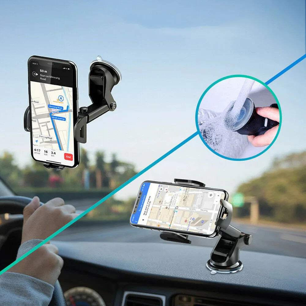 360° Car Phone Mount with Suction Cup & Retractable Arm