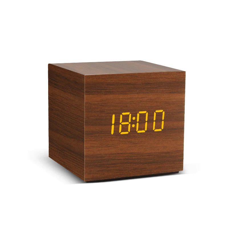 Wooden LED Digital Alarm Clock – Voice Control, Temp & Humidity