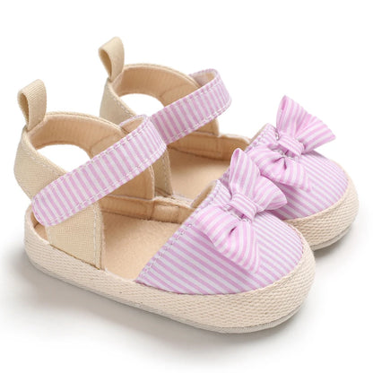 Baby Girl Bow Canvas Sandals – Soft Sole Striped Flats