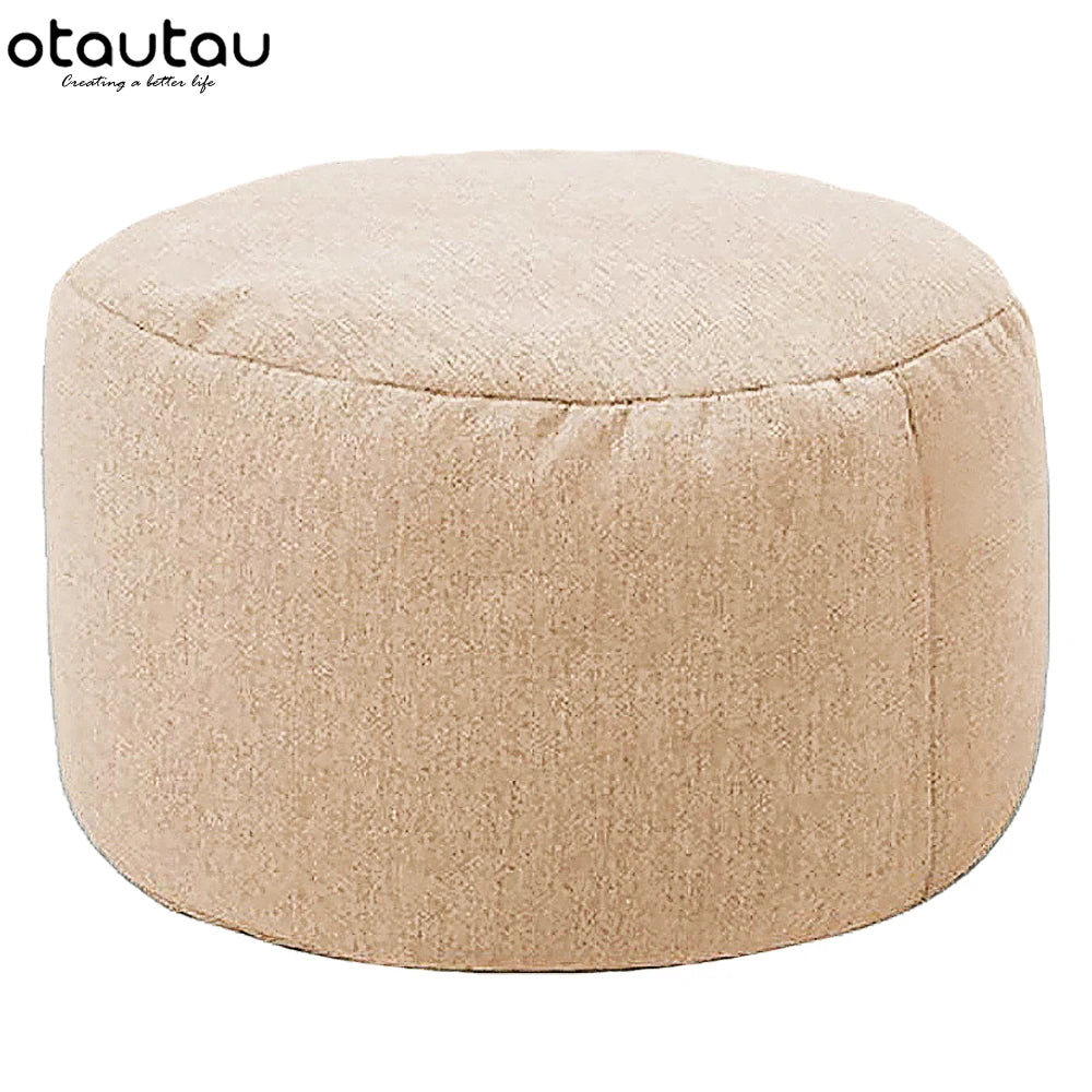 Round Linen Pouf Ottoman – Bean Bag Footstool Floor Cushion