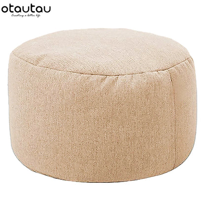 Round Linen Pouf Ottoman – Bean Bag Footstool Floor Cushion