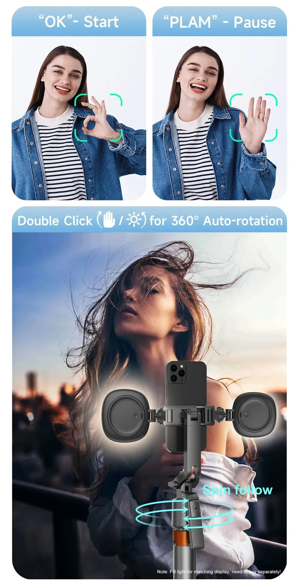 Selfie Stick Tripod 180cm with Face Tracking & 360° Gimbal Stabilizer