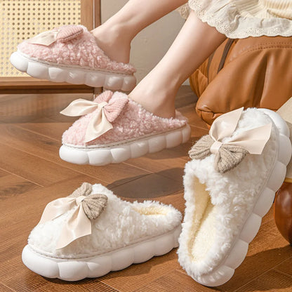 Women's Fur Slippers with Bow – Cozy Indoor House Shoes