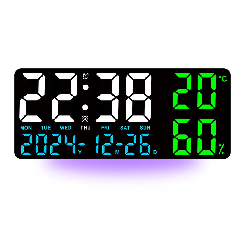 Large LED Digital Wall Clock with 7-Color Mood Light & Dual Alarm