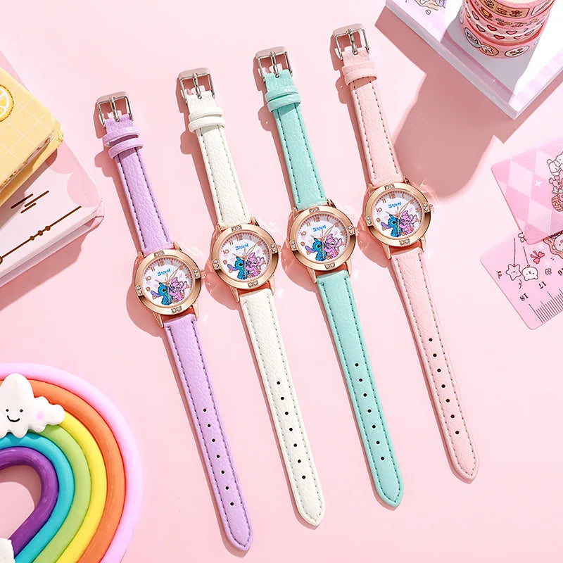 Stitch Kids Watch for Girls – Leather Strap Rhinestone Cartoon Dial