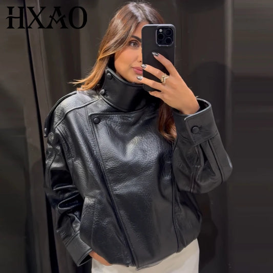 Women's Oversized Faux Leather Bomber Jacket – Cropped Zip-Up