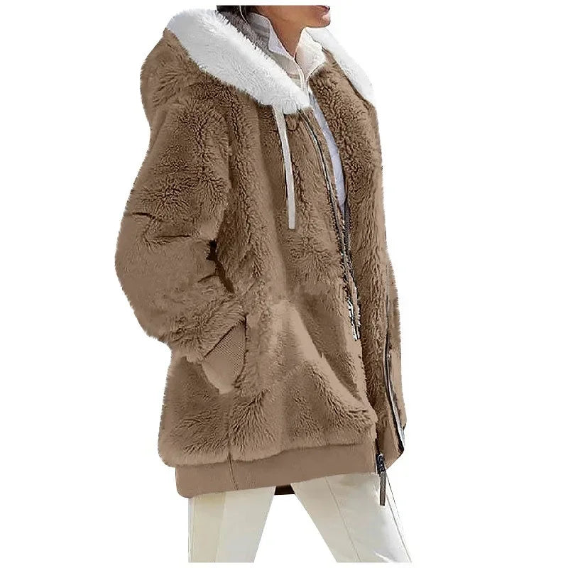 Women's Fleece Hooded Zip-Up Coat – Casual Warm Jacket for Fall & Winter