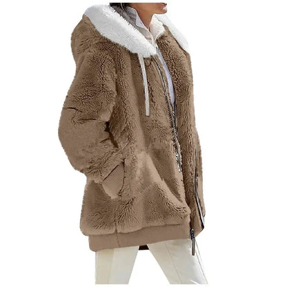 Women's Fleece Hooded Zip-Up Coat – Casual Warm Jacket for Fall & Winter