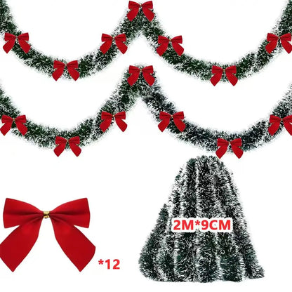 Christmas Tinsel Garland with Bows – Snow-Tipped Xmas Tree Ribbon Decoration