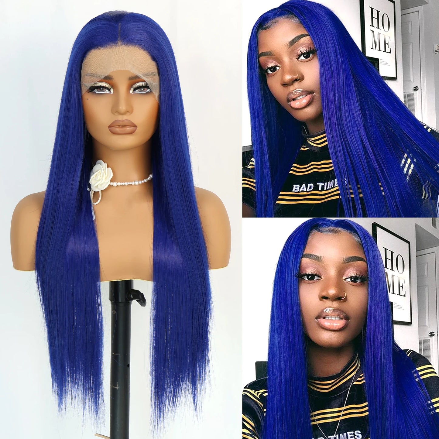Blue Long Straight Synthetic Lace Front Wig 28 Inch 180% Density
