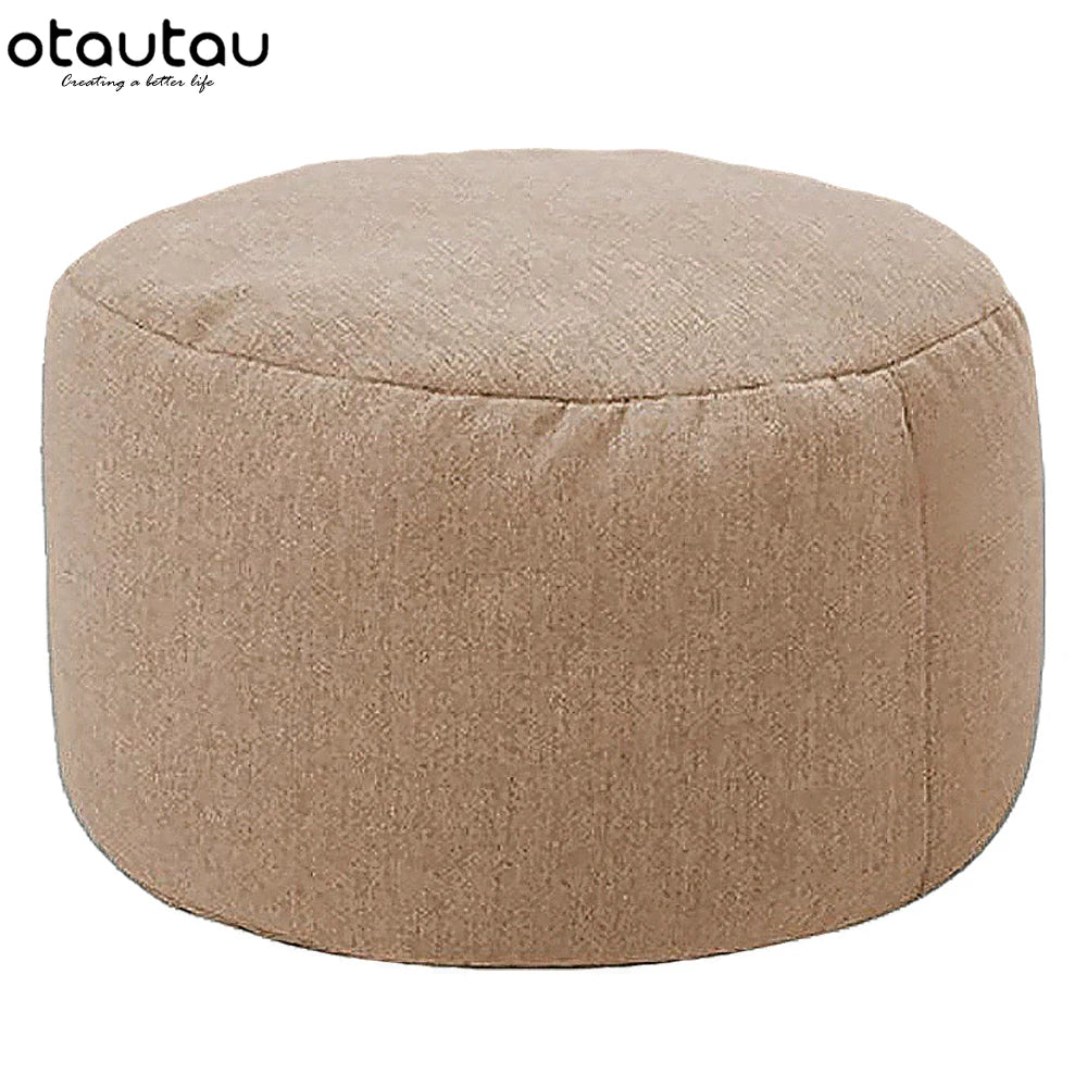 Round Linen Pouf Ottoman – Bean Bag Footstool Floor Cushion