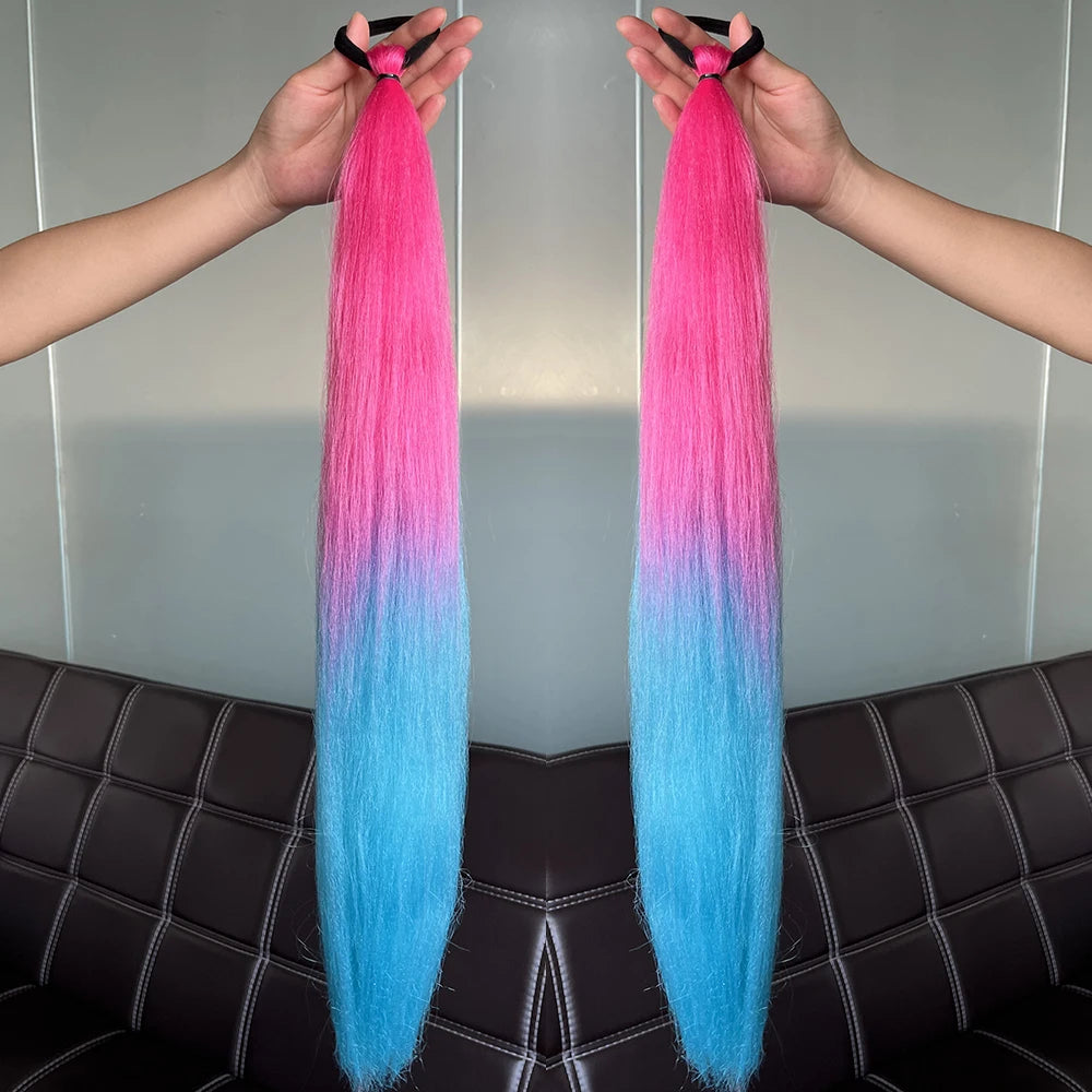 Synthetic Ponytail Hair Extension 2pcs – Long Straight, Colorful, Braiding Hairpiece with Rubber Band