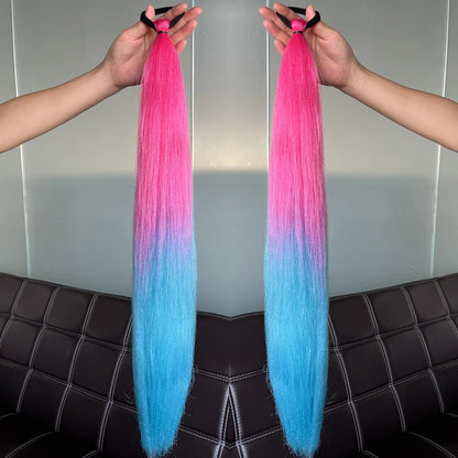 Synthetic Ponytail Hair Extension 2pcs – Long Straight, Colorful, Braiding Hairpiece with Rubber Band