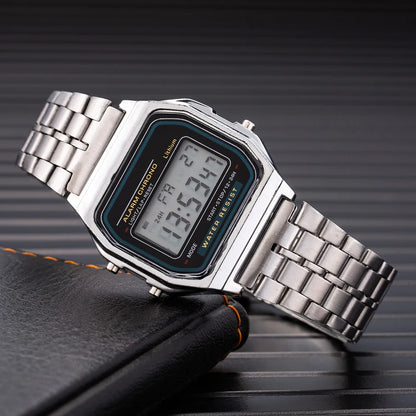 Digital Watch – Stainless Steel Retro LCD Wristwatch