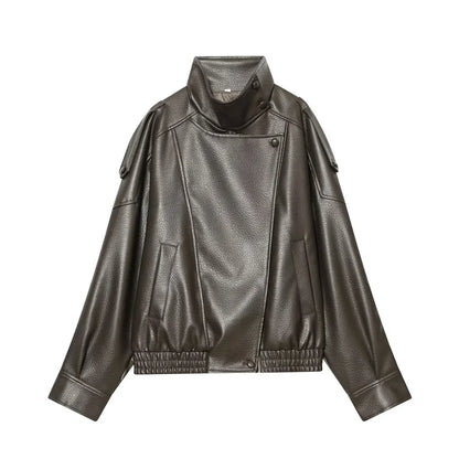 Women's Faux Leather Moto Jacket – Pebble Texture Autumn Coat