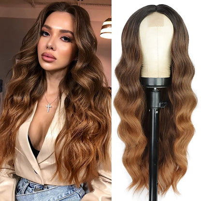 Synthetic Lace Wig 26 Inch – Long Wavy Curly Middle Part Heat Resistant