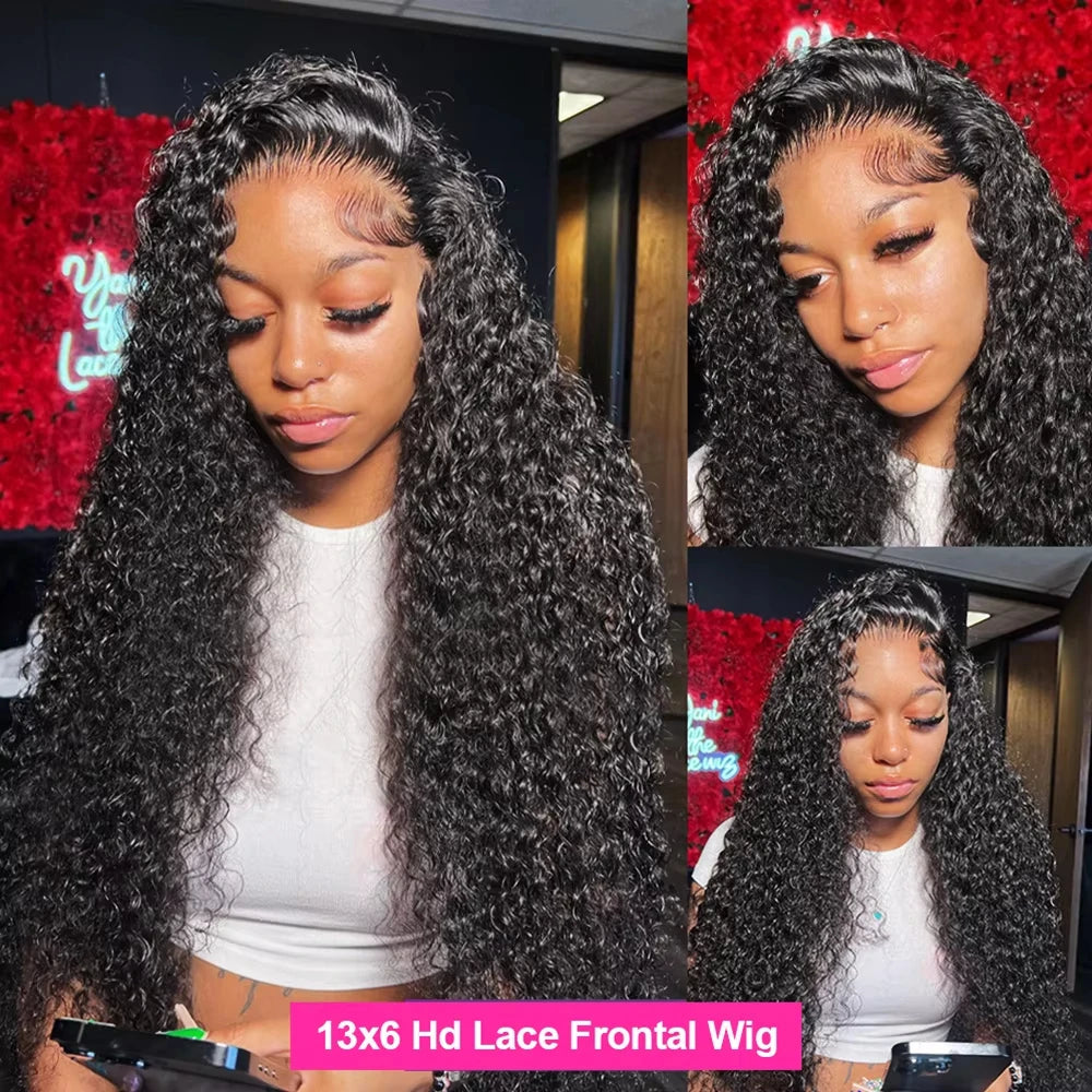Deep Water Wave Human Hair Lace Front Wig 13x4 HD Lace 18-42 Inch Natural Black