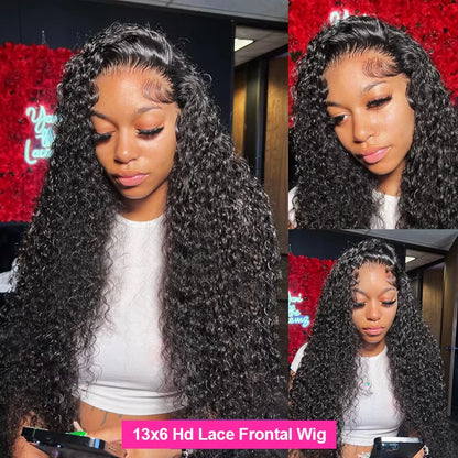 Deep Water Wave Human Hair Lace Front Wig 13x4 HD Lace 18-42 Inch Natural Black