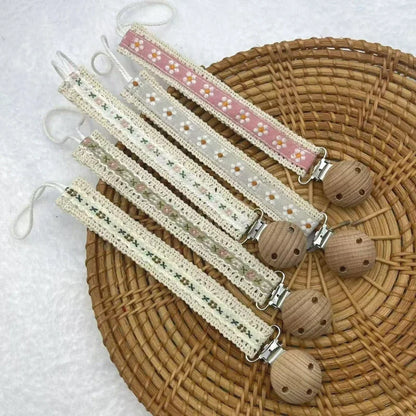 Floral Print Baby Pacifier Clip with Wooden Teether Bead