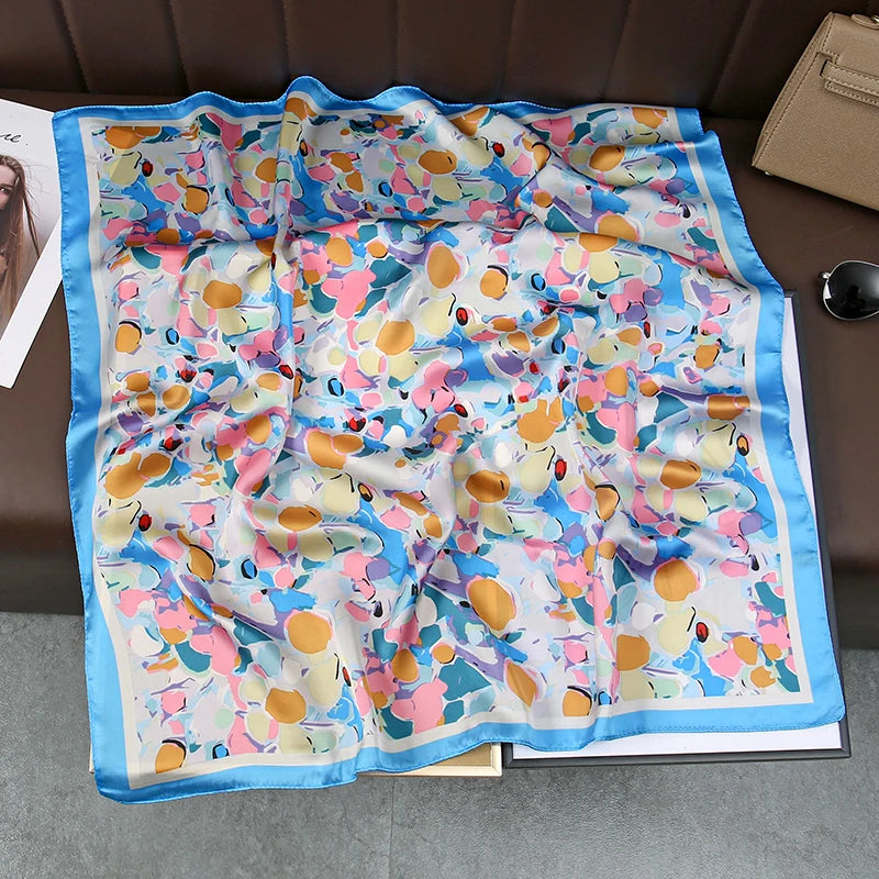 Satin Square Scarf Women Cute Cat Print Headscarf Neckerchief