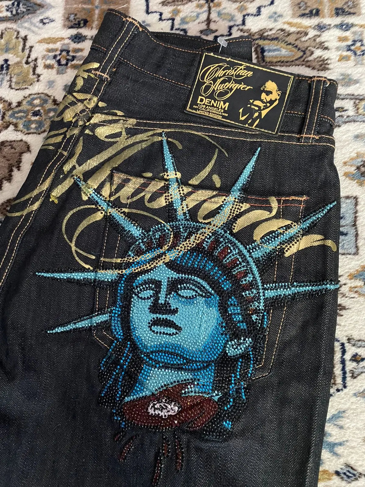 Y2K Wide Leg Jeans – Statue of Liberty Diamond Denim Pants