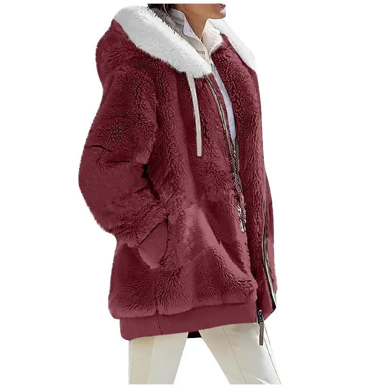 Women's Fleece Hooded Zip-Up Coat – Casual Warm Jacket for Fall & Winter