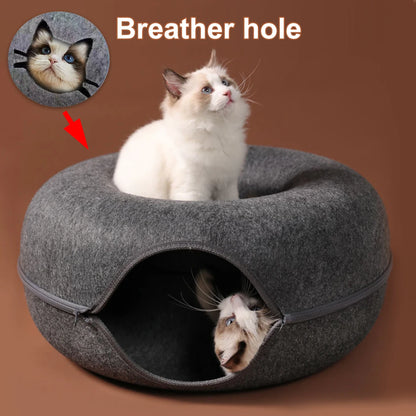 Cat Tunnel Bed – Round Felt Donut House with Scratcher