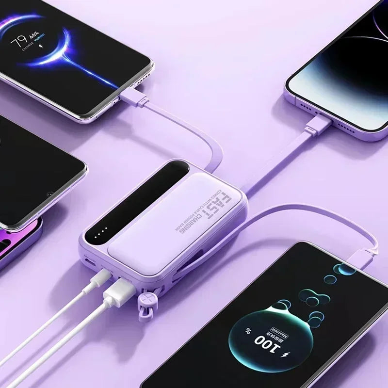 Portable Power Bank with Built-in Cables – Fast Charging 10000–50000mAh