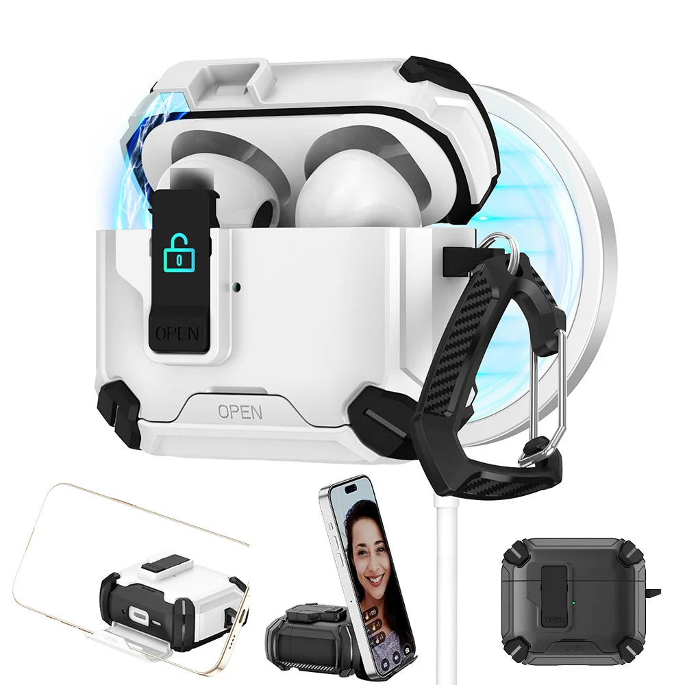 Magnetic Pop-Top AirPods Case – Rugged Shockproof Cover with Carabiner