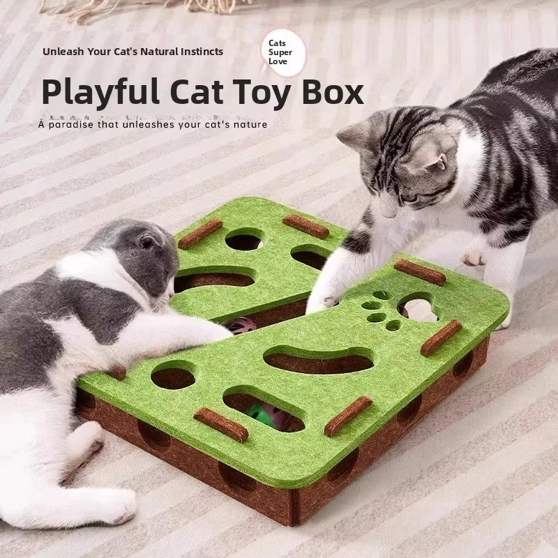 Cat Puzzle Box Toy with Felt Ball Tracks & Holes