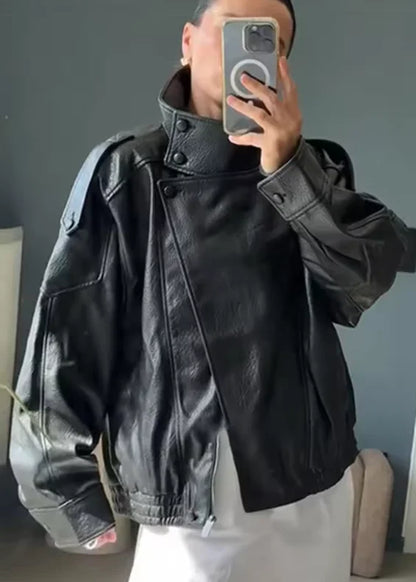 Women's Faux Leather Moto Jacket – Pebble Texture Autumn Coat