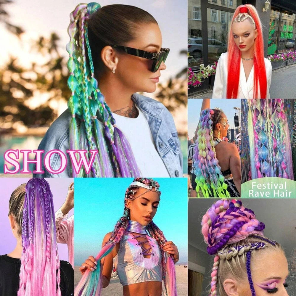 Synthetic Ponytail Hair Extension 2pcs – Long Straight, Colorful, Braiding Hairpiece with Rubber Band