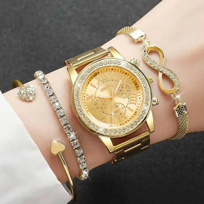 Women's Quartz Watch & Bracelet Set – Rhinestone Luxury Gift