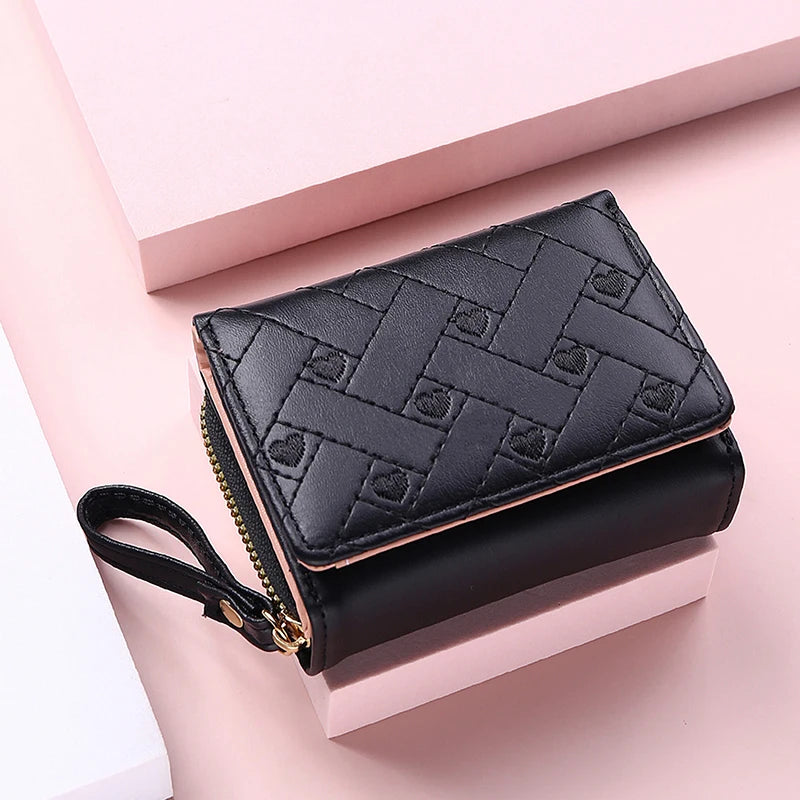 Women's Trifold Wallet – PU Leather Embroidered Short Card Purse