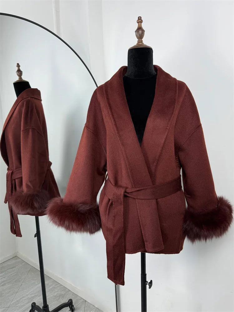 Women's Wool Coat with Fox Fur Cuffs & Belt – Elegant Short Overcoat