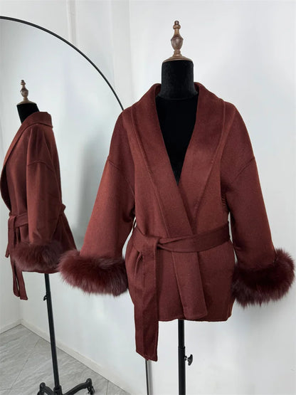 Women's Wool Coat with Fox Fur Cuffs & Belt – Elegant Short Overcoat