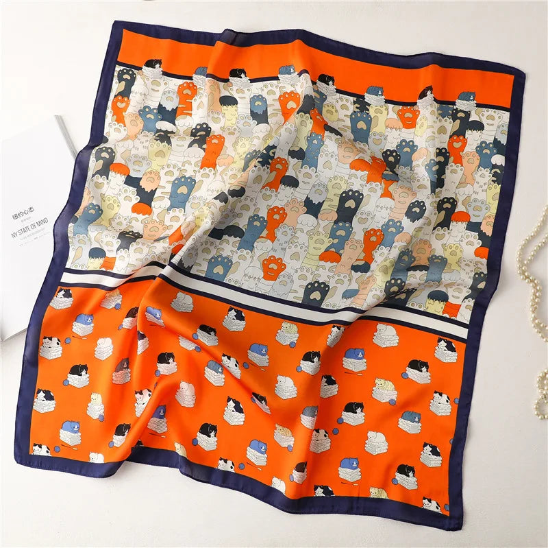 Satin Square Scarf Women Cute Cat Print Headscarf Neckerchief