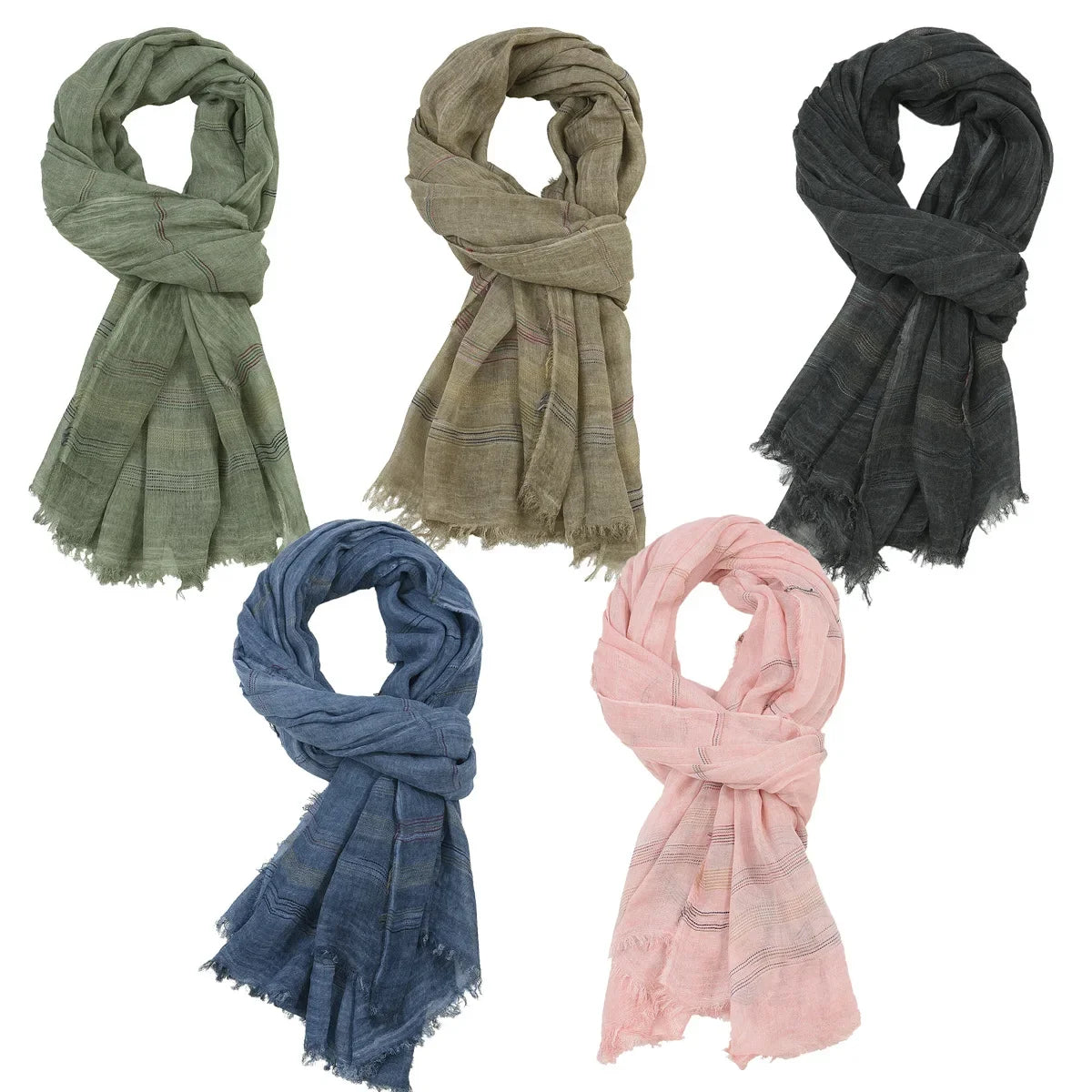 Men's Cotton Linen Striped Scarf with Tassels – Long Shawl Wrap