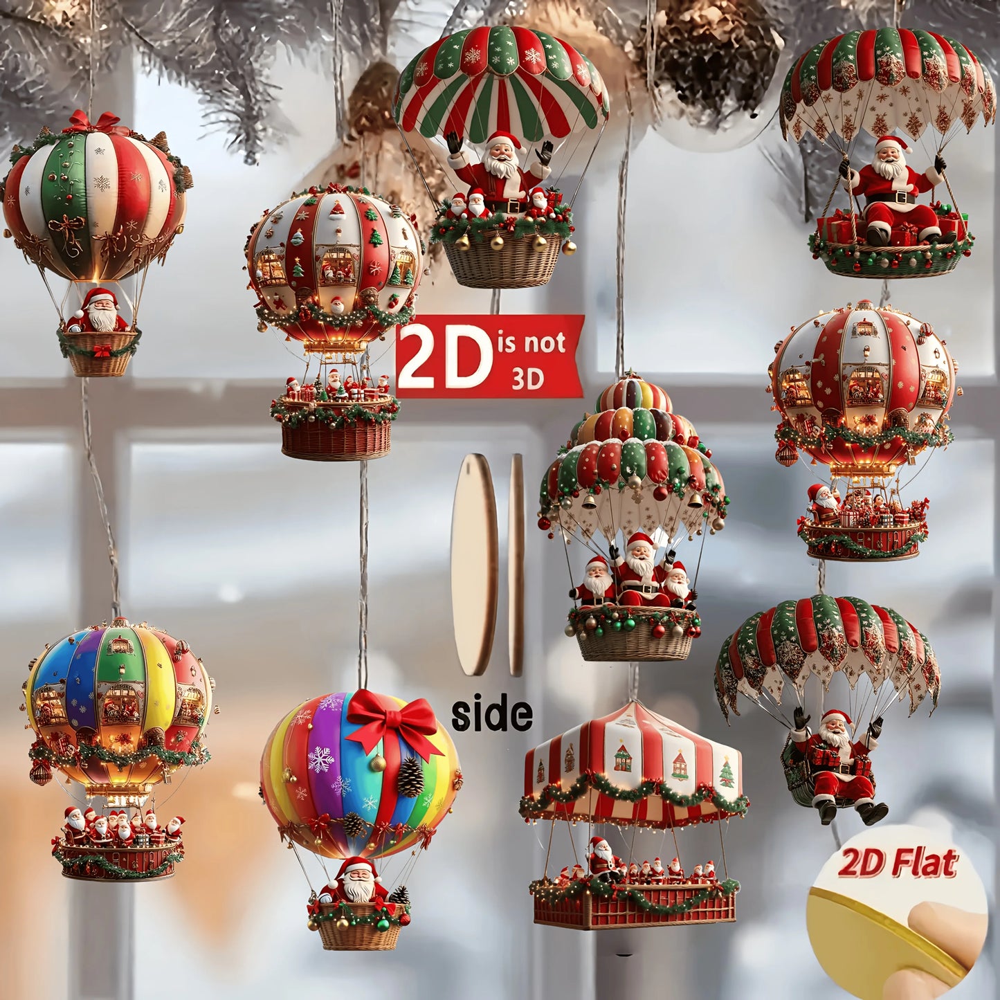 Christmas Wooden Air Balloon Ornaments – 10 Pcs Santa Claus Tree Pendants