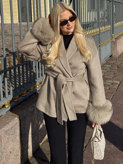 Women's Wool Coat with Fox Fur Cuffs & Belt – Elegant Short Overcoat