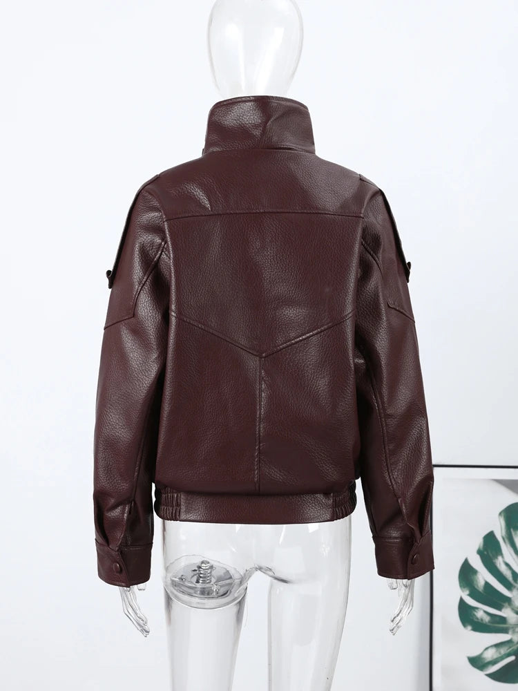 Women's Faux Leather Jacket – Oversized Stand Collar Coat