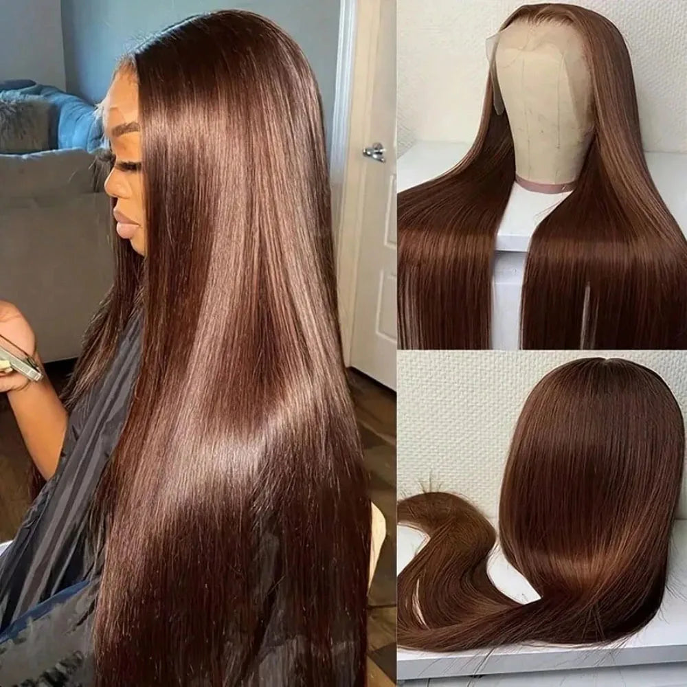 Chocolate Brown 13x4 Lace Front Human Hair Wig – Straight, Pre-Plucked, 16–34 Inch