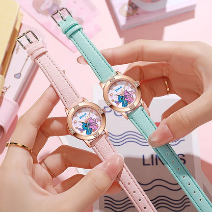 Stitch Kids Watch for Girls – Leather Strap Rhinestone Cartoon Dial