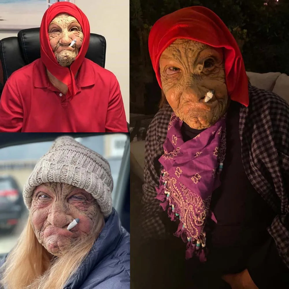 Funny Old Granny Latex Mask – Smoking Grandma Halloween Costume