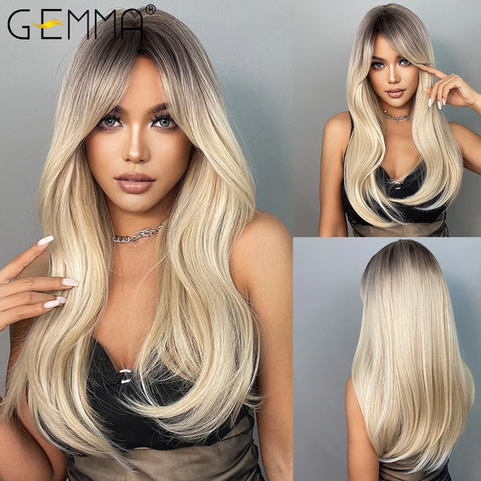 Long Wavy Ombre Blonde Synthetic Wig with Bangs for Women