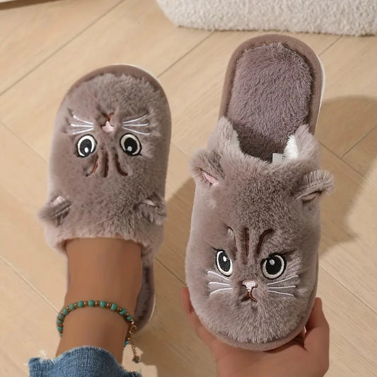 Women's Plush Cat Slippers – Cozy Non-Slip Indoor House Shoes
